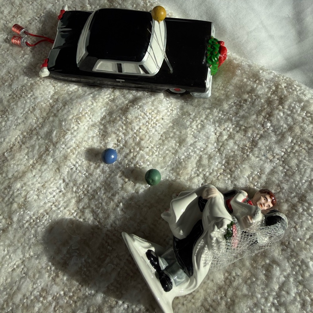 Black Vintage Toy Car & Wedding Couple Figurine Set
